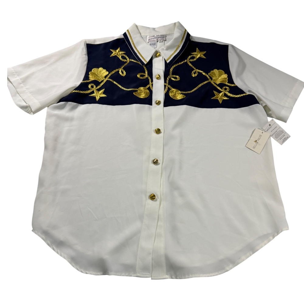 Westbound Nautical Embroidered Blouse White Navy Gold Shells Starfish NWT Large
